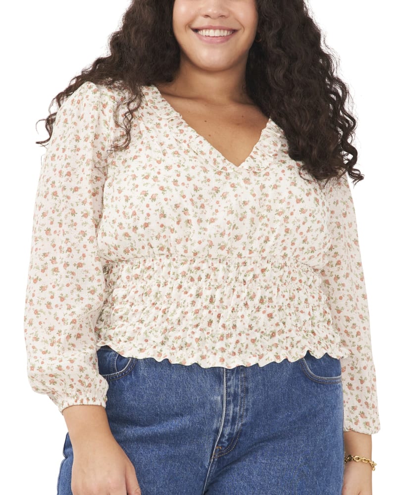 Front of a model wearing a size 0X Brenna V Neck Top in SOFT ROSETTES by 1.State. | dia_product_style_image_id:262273